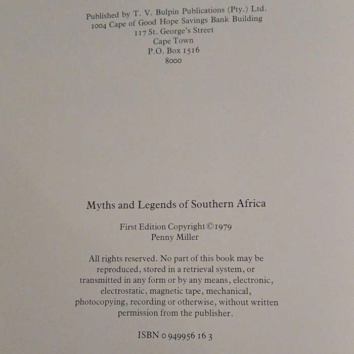 1979 Myths and Legends of Southern Africa By Penny Miller Hardcover w/Dustjacket