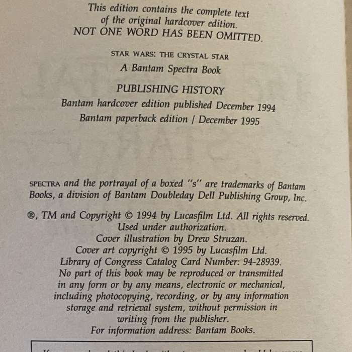 1995 Star Wars - The Crystal Star by Vonda N. McIntyre Softcover