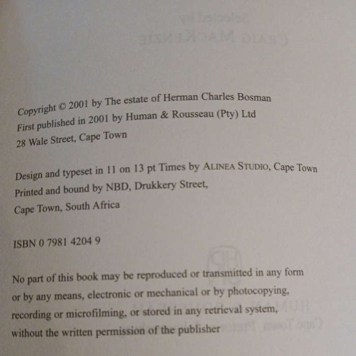 2001 Best of Bosman By Herman Charles Bosman Softcover