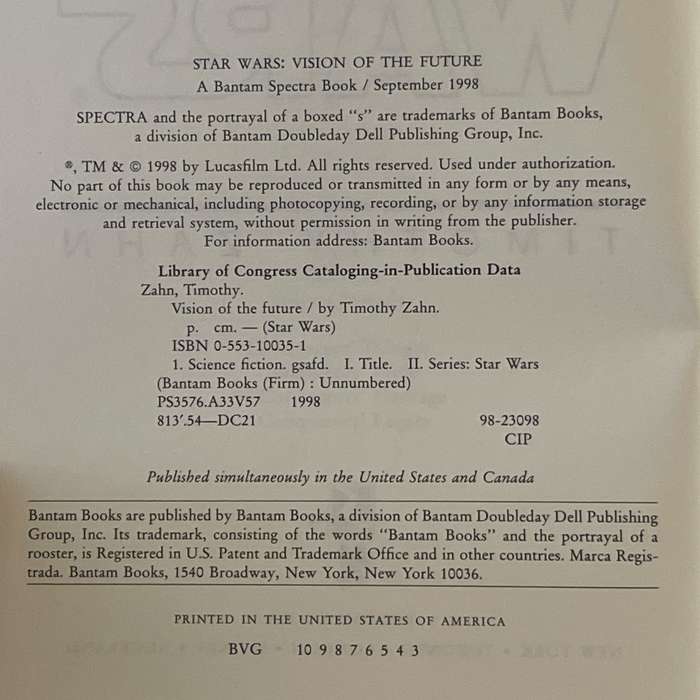 1998 Star Wars - Vision Of The Future by Timothy Zahn Hardcover w/o Dustjacket