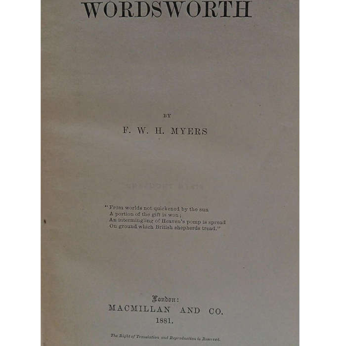 1881 English Men of Letters, Wordsworth  by Frederic William Henry Myers Hardcover w/o Dustjacket