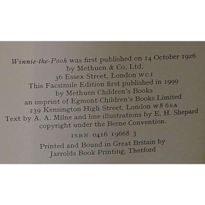 1999  A Special Facsimile Edition Of Winnie The Pooh By A.A. Milne Hardcover w/o Dustjacket