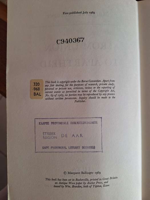 From Union to Apartheid-1969 First Edition. Margaret Ballinger.