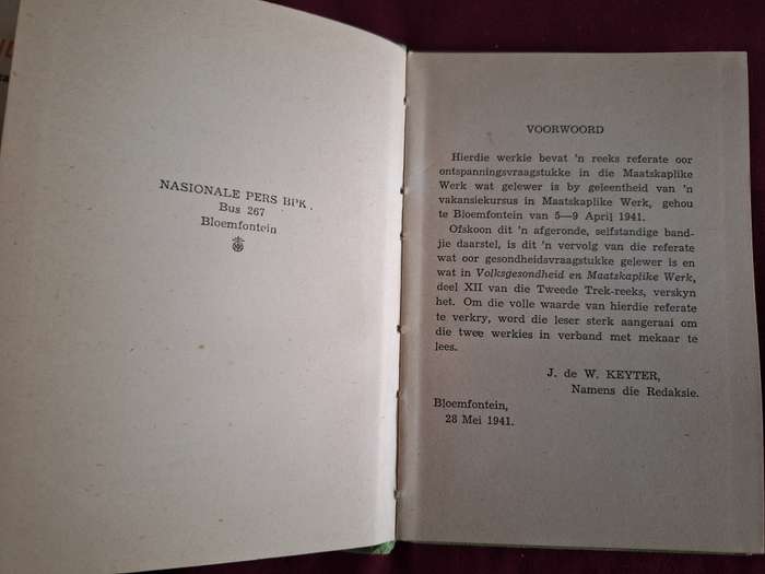 Tweede Trek Reeks no 8. Prof Ds J de W Keyter 1941 Ontspanning en Maatskaplike Werk Afrikaans Text