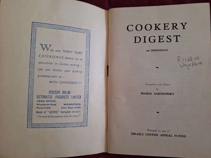 Cookery Digest Sponsored by the Union of Jewish Women in Worcester South Africa-1951 SA Cooking/Rare