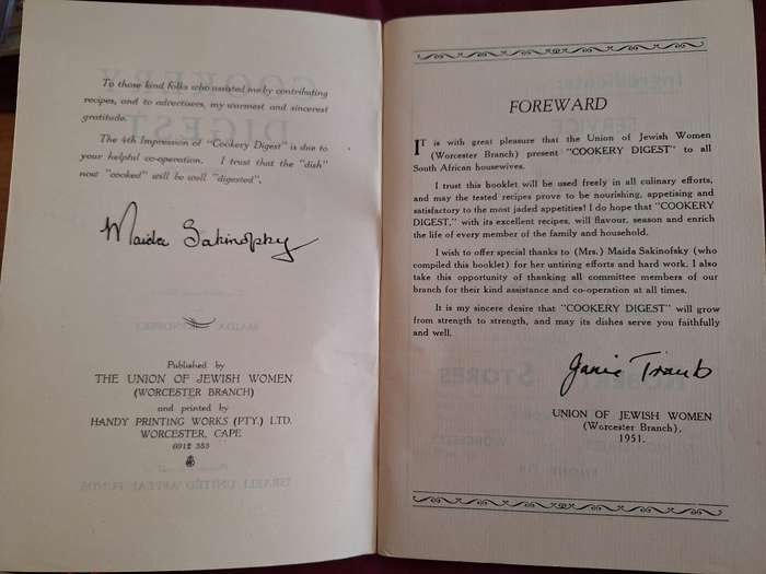 Cookery Digest Sponsored by the Union of Jewish Women in Worcester South Africa-1951 SA Cooking/Rare