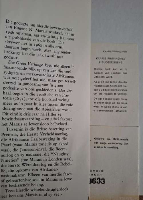 Die Groot Verlange Die verhaal van Eugene N Marais deur Leon Rousseau-1974 Afrikaans Text 1st edit.