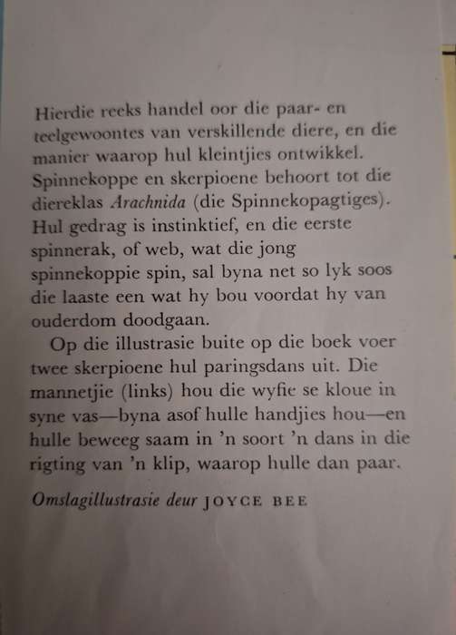 Spinnekoppe en Skerpioene/Die Diereryk-Reeks/JL Cloudsley-Thompson -1972 1st edition/ Afrikaans Text