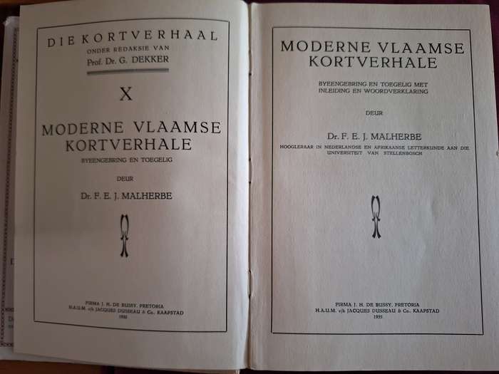 FEJ MALHERBE DR-Moderne Vlaamse Kortverhale-1935 First Edition/Afrikaans-Vlaams