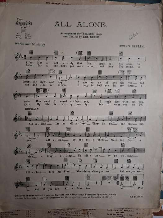 SHEET MUSIC - ALL ALONE - IRVING BERLIN pp6. Music Score.