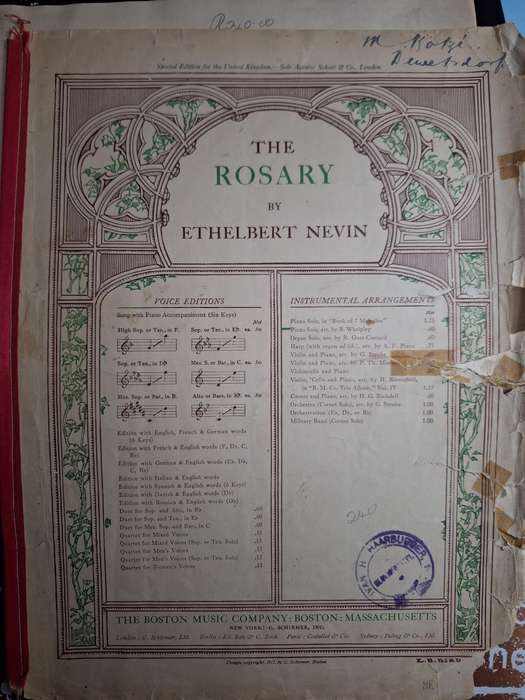 SHEET MUSIC-The ROSARY by Ethelbert Nevin. Music