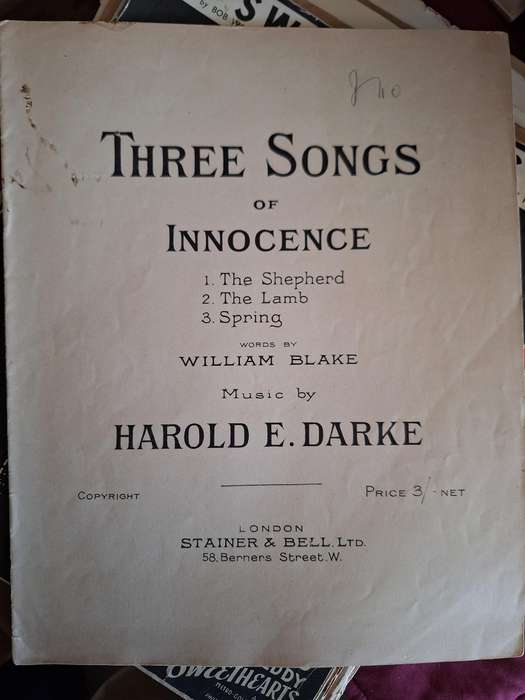 SHEET MUSIC/Three Songs of Innocence. 1. The Shephard2.The Lamb3.Spring music by Harold E,Darke pp16