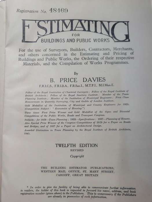 Estimating for Buildings and Public works( B PRICE DAVIES) Twelfth revised edition 1959