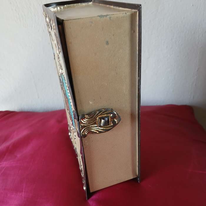 Vintage Book-shaped tin box with embossed sailing ship, treasure chest