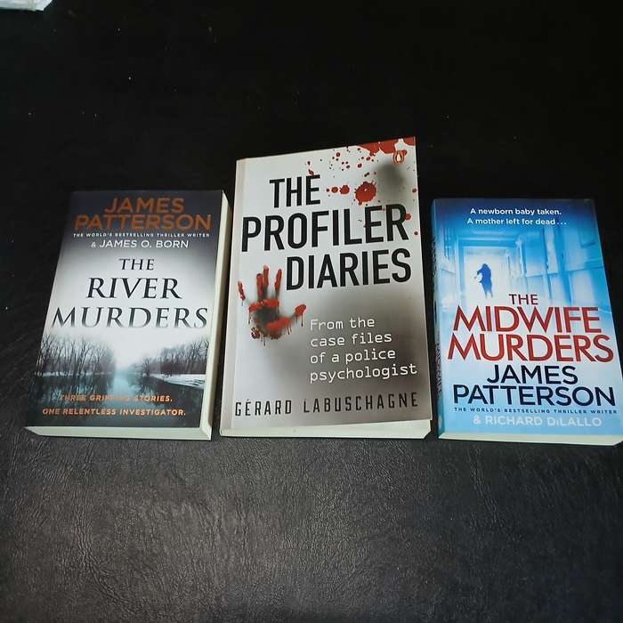 three thriller novels: "The River Murders" by James Patterson & James O. Born "The Profiler Diaries
