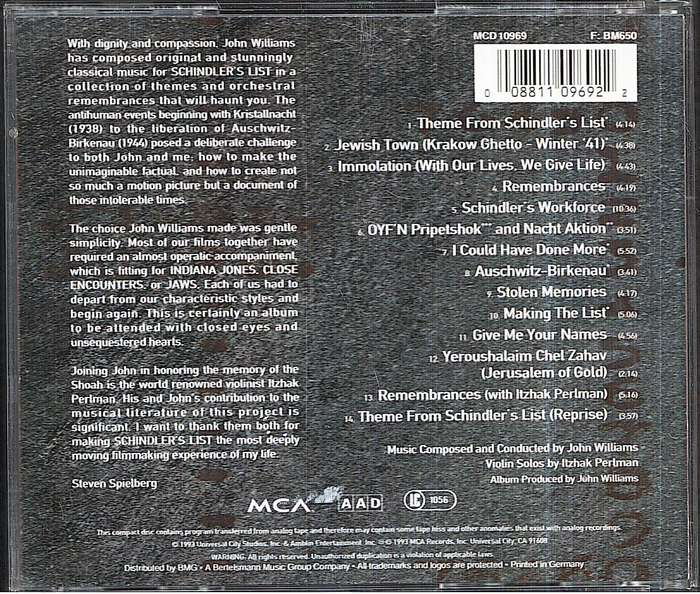 John Williams (Cond) Itzhak Perlman (Solos) - Schindler's List Original Motion Picture Soundtrack CD