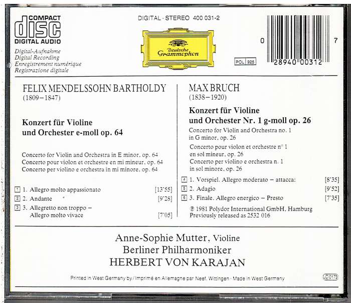 Mendelssohn/Bruch: Violin Concertos - Anne-Sophie Mutter, Berliner Philharmoniker, von Karajan CD