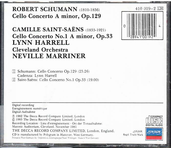 Schumann/Saint-Saens: Cello Concerto/Cello Concerto No 1 - Lynn Harrell, Cleveland Orchestra CD