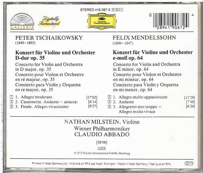 Tchaikovsky/Mendelssohn: Violin Concertos - Nathan Milstein, Vienna Philharmonic, Claudio Abbado CD