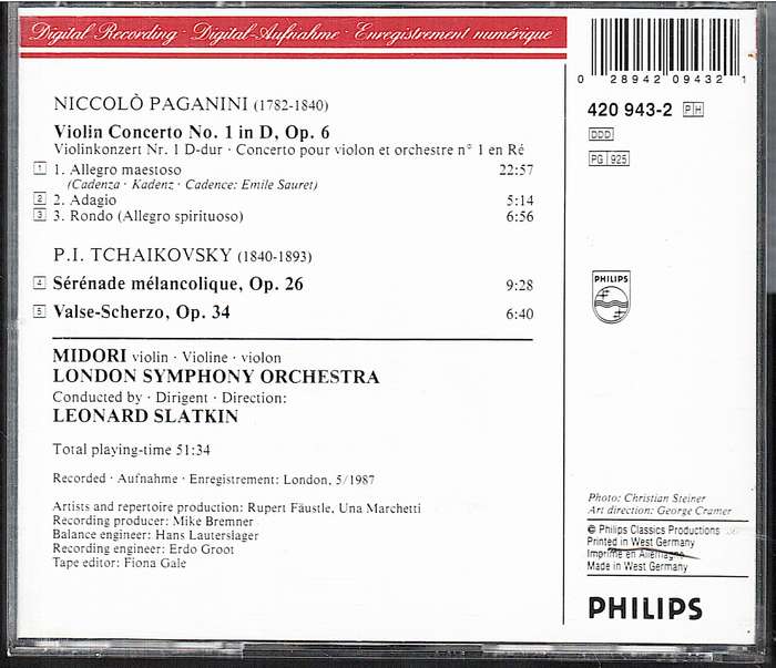 Paganini / Tchaikovsky: Violin Concert No 1 / Serenade, Melancolique - Midori, LSO CD