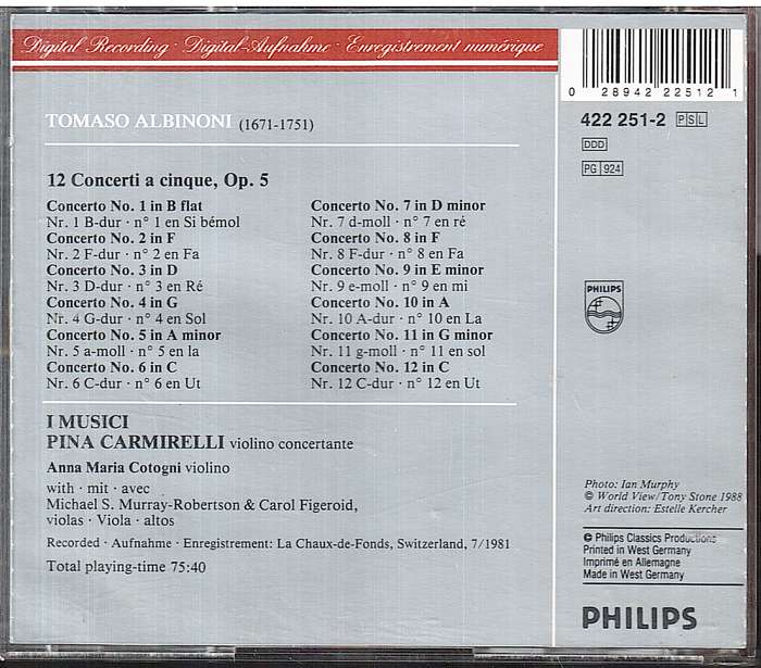 Albinoni: 12 Concerti a Cinque Op 5 - I Musici CD