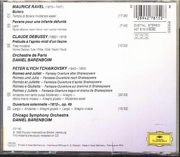 Ravel/Debussy/Tchaïkovsky: Bolero/, Prelude À LAprès-midi DUn Faune/1812 Overture - Barenboim CD