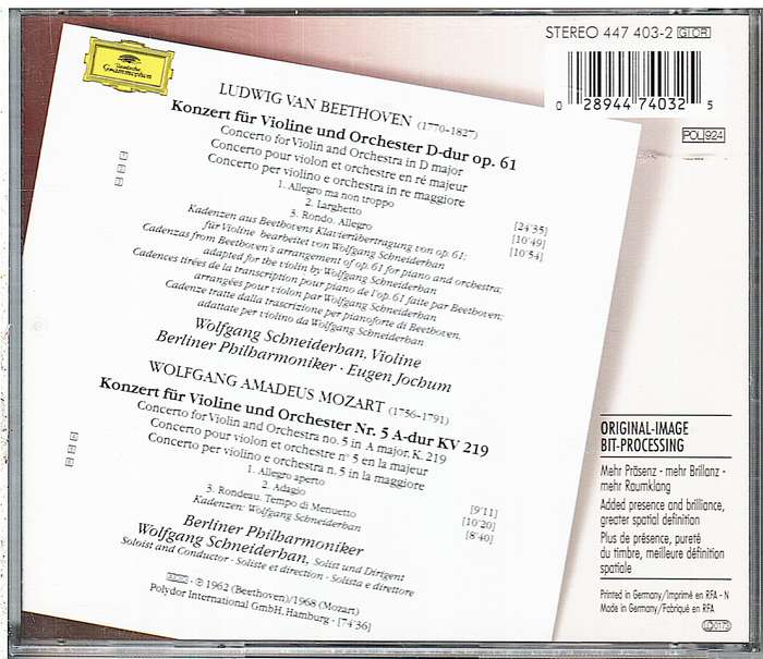 Beethoven/Mozart: Violin Concerto/Violin Concerto #5 - Wolfgang Schneiderhan, Berlin Philharmonic CD