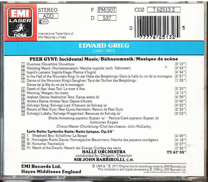 Grieg: Peer Gynt / Lyric Suite - Sheila Armstrong/Patricia Clark/Halle Orchestra/John Barbirolli CD