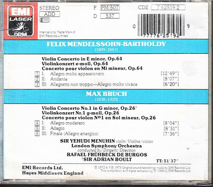 Mendelssohn/Bruch: Violin Concertos - Yehudi Menuhin, LSO, Sir Adrian Boult CD