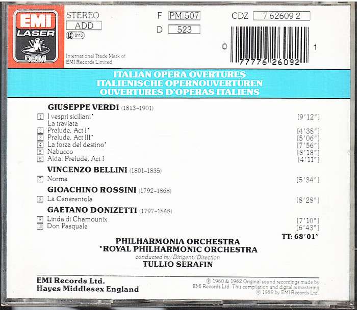 Italian Opera Overtures: Philharmonia Orchestra / RPO, Tullio Serafin CD