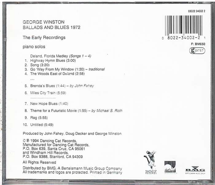 George Winston - Ballads And Blues 1972 CD [GERMAN IMPORT]