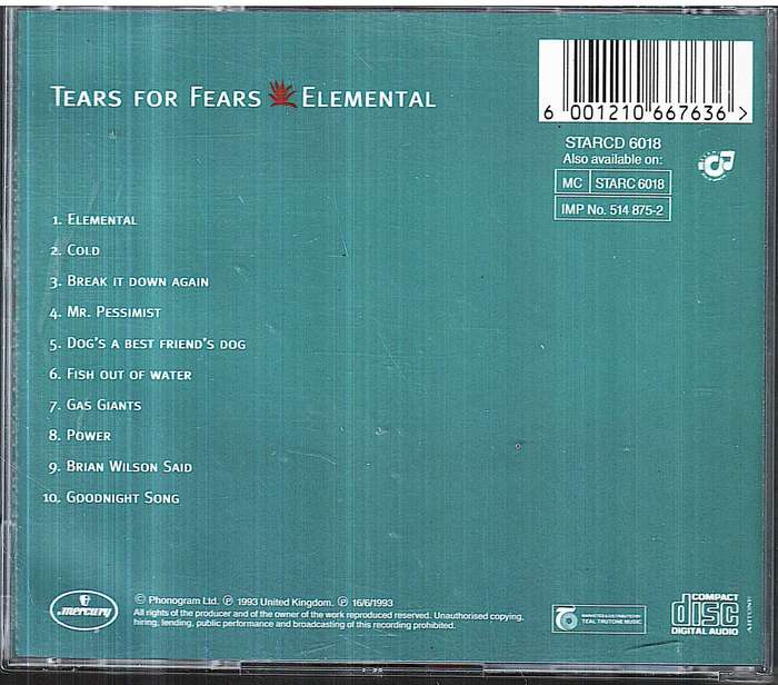 Tears for Fears - Elemental CD