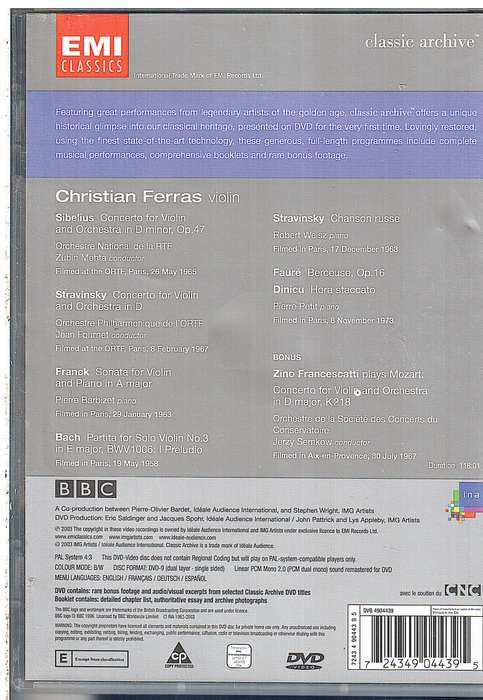 Christian Ferras: Sibelius/Stravinsky/Franck  Violin Concerto In D Minor/in D etc DVD