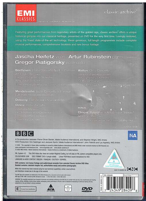 Heifetz/Rubinstein/Piatigorsky - Beethoven/Mendelssohn/Walton DVD
