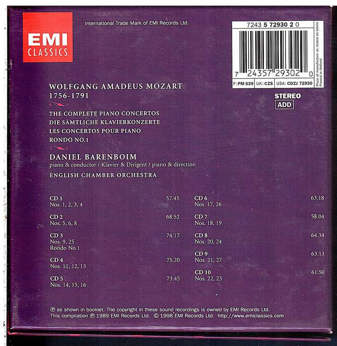 Mozart: The Complete Piano Concertos 10 CD set - Daniel Barenboim (Piano), English Chamber Orchestra
