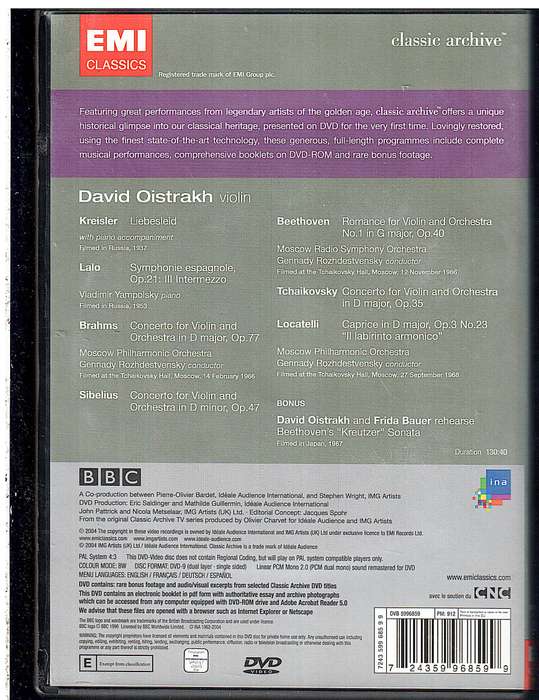 David Oistrakh: Brahms/Sibelius/Tchaikovsky  Violin Concerto In D Major/In D  Minor/In D Major DVD