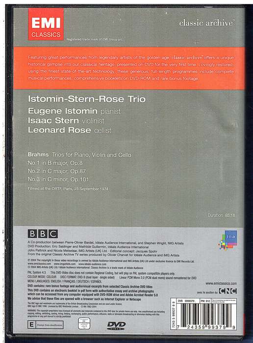 Istomin-Stern-Rose Trio: Brahms Trios Nos 1-3 DVD