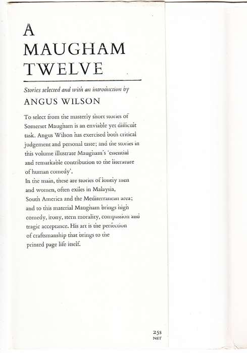W Somerset Maugham: A Maugham Twelve [Stories Selected and with an Introduction by Angus Wilson]