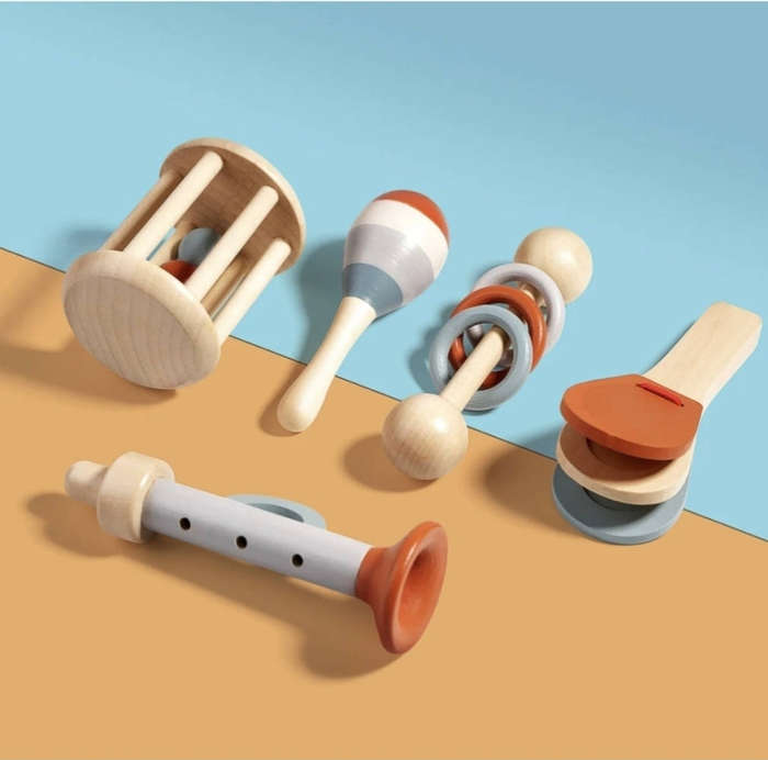 Set of five wooden baby musical instruments set