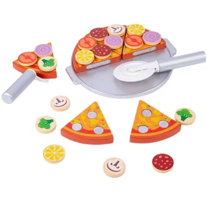 Wooden Pretend Pizza Set on Silver Tray
