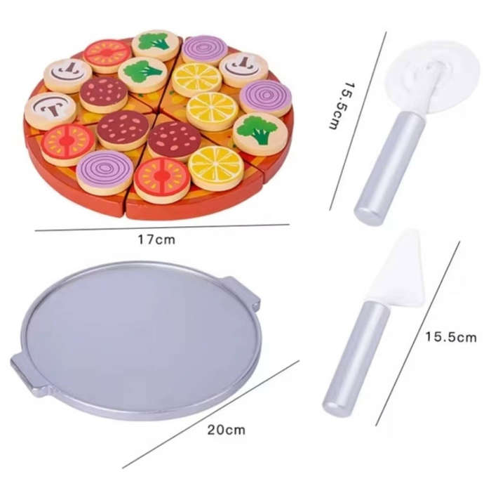 Wooden Pretend Pizza Set on Silver Tray
