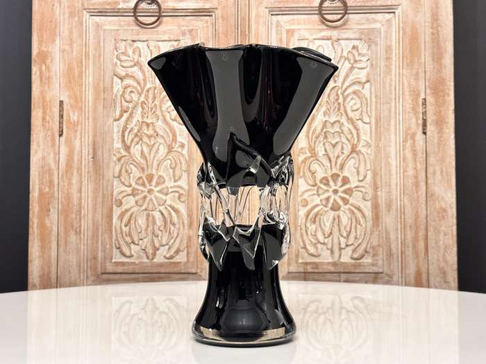 Showstopper Vintage Hand Made Wavy Blown Glass Large Statement Vase