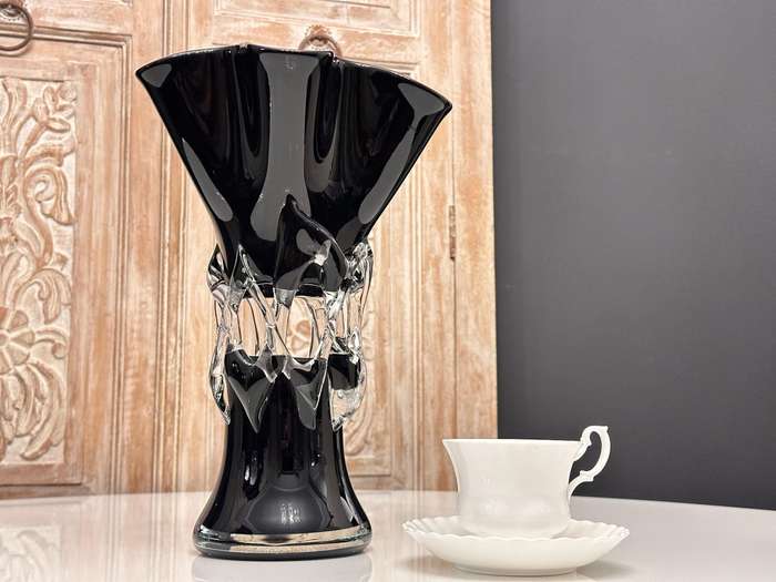 Showstopper Vintage Hand Made Wavy Blown Glass Large Statement Vase