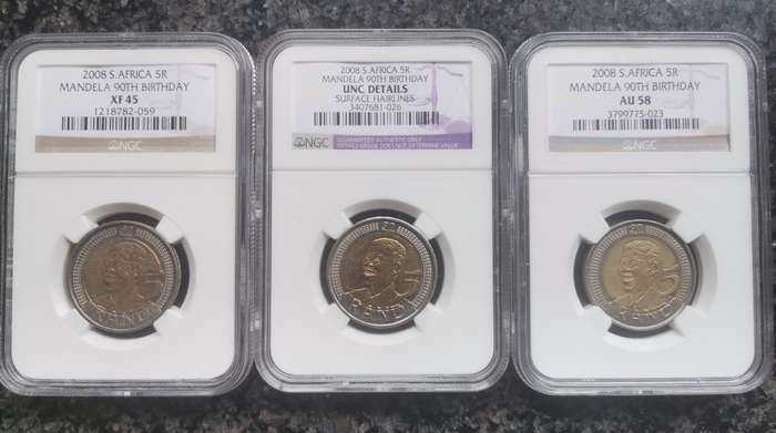 NGC Graded - 2008 R5 Mandela 90TH Birthday - Set of 3 coins - Bid per set