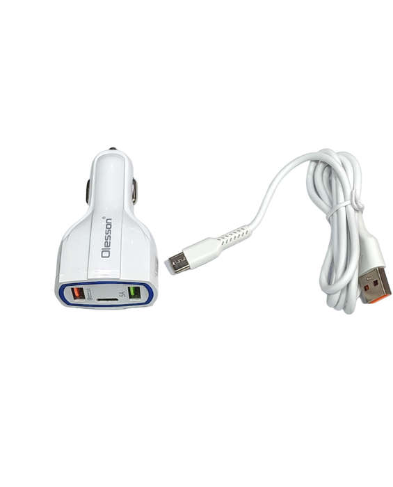 Fast Charging - 3 Port Car Charger 2 USB And 1 Type C  With Type Cable