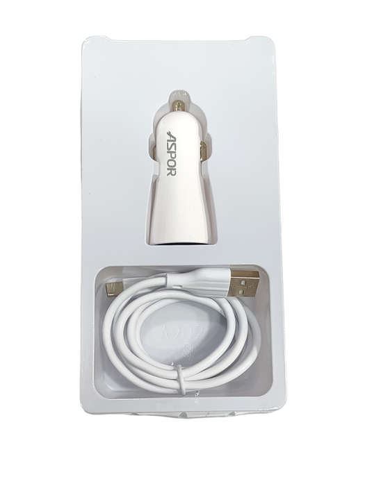 Dual Usb Port Car Charger 2.4A  With Usb To C Cable - White