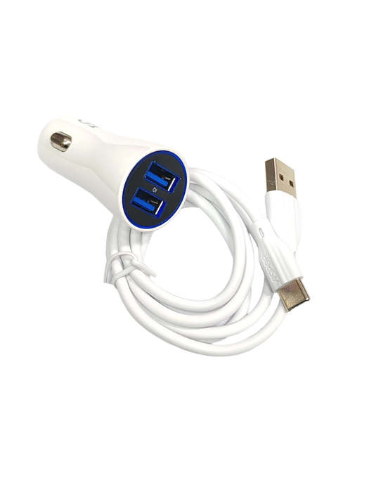 Dual Usb Port Car Charger 2.4A  With Usb To C Cable - White