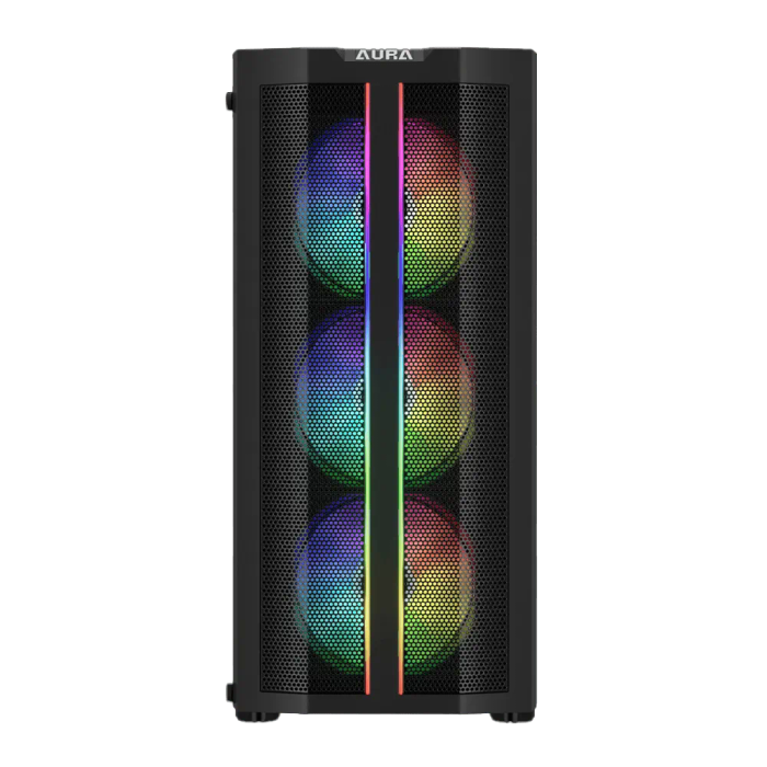 High-Performance Black Gaming Case with ARGB Fans & Dual Light Strips  AURA GC3 ELITE