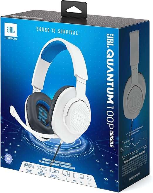 JBL Quantum 100P Console Wired Gaming Headset, White/Blue