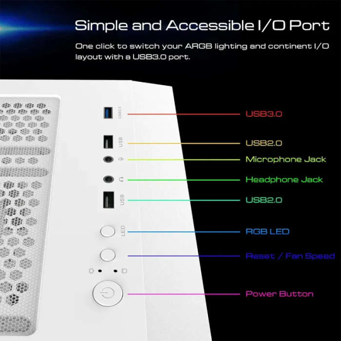 ARGUS E4 Elite Tempered Glass Mid-Tower Gaming Case - White